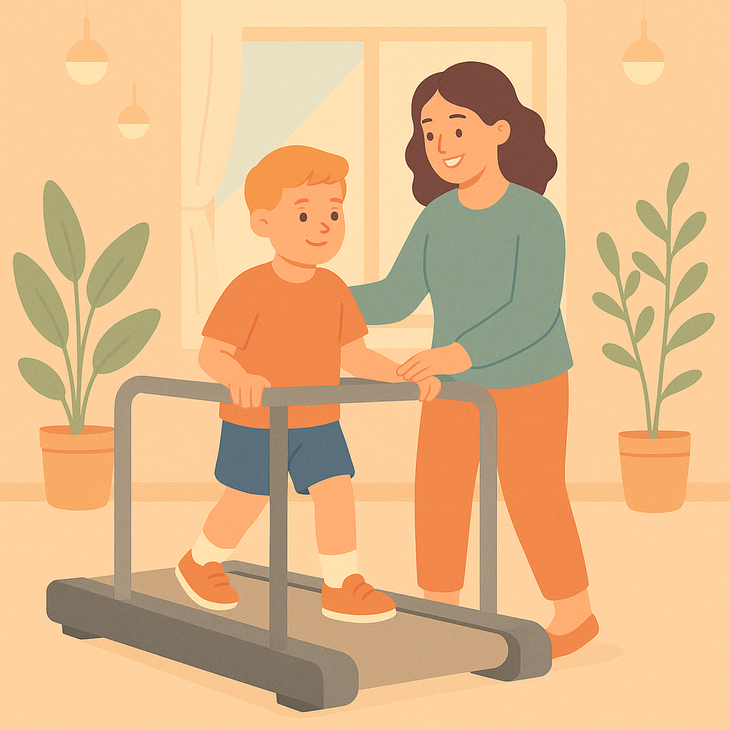 Bir çocuk Kapaklı Göz Bebeği Rehabilitasyon Merkezi’nde yürüme bandında fizyoterapist eşliğinde fiziksel gelişim çalışması yapıyor. Bedensel gelişim ve destekleyici eğitim programı kapsamında hareket becerileri güçlendiriliyor.